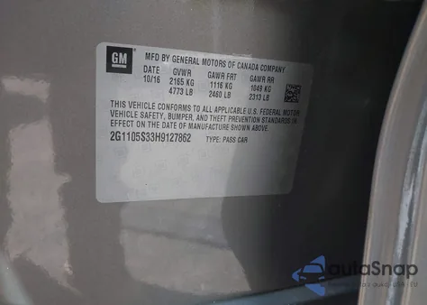 2017 Chevrolet Impala 1Lt из США, поврежденный, VIN 2G1105S33H9127862